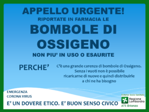 CORONAVIRUS, appello di ATS bombole ossigeno